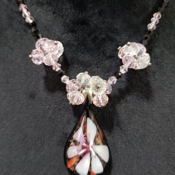 Womens Fashion Multicolor Glass Stone Floral Pendant Glass Beads Collar Necklace - Picture 6 of 7